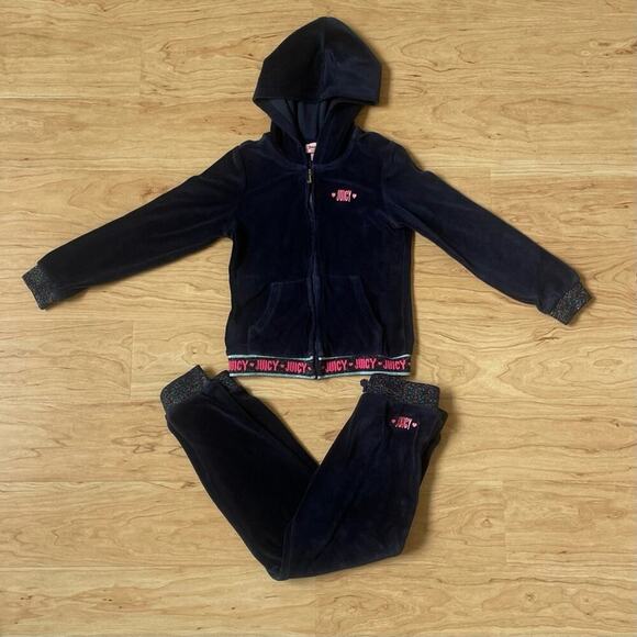 Y2K Juicy Couture Tracksuit Girls S 7 Navy Blue Plush Velour Jacket & Pants - Picture 2 of 9
